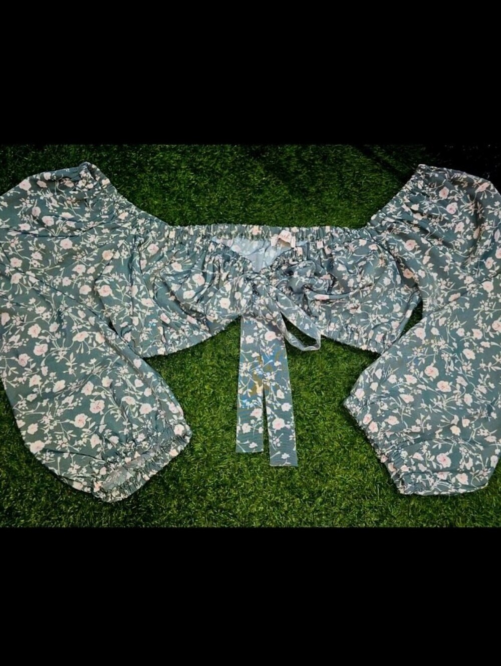 Blush Sage Green Floral Off-Shoulder Tie Crop Top